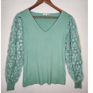 SIONI lace sleeve sweater Small‎ Green Floral Sheer Long Sleeves
